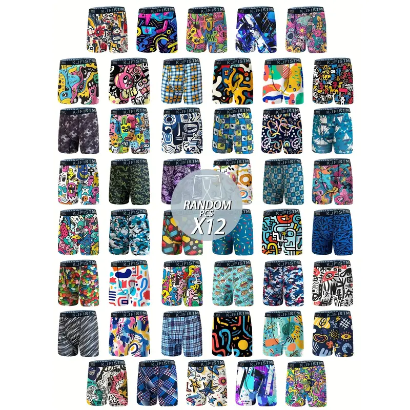 KJFISTMU Mensfashion 12pcs Assorted Color Men's Long Boxers - Graffiti Pattern, High Stretch, Extra Thigh Coverage, Athletic Cycling Shorts, Colorful Fantasy Men's Boxer Briefs, Mixed Color Socks