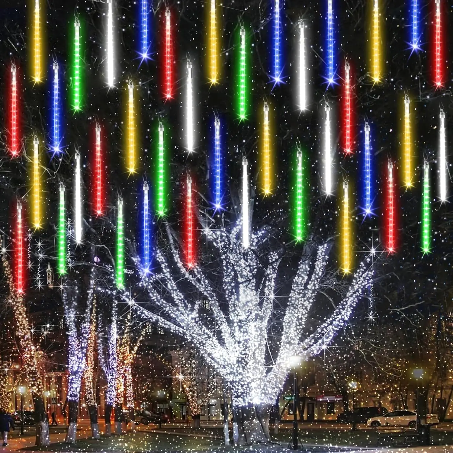 Mother's Day Gift Meteor Shower Lights Outdoor – 10 Tubes, 240 LED Snowfall Icicle Lights with Timer, Waterproof & Connectable (Multicolor)