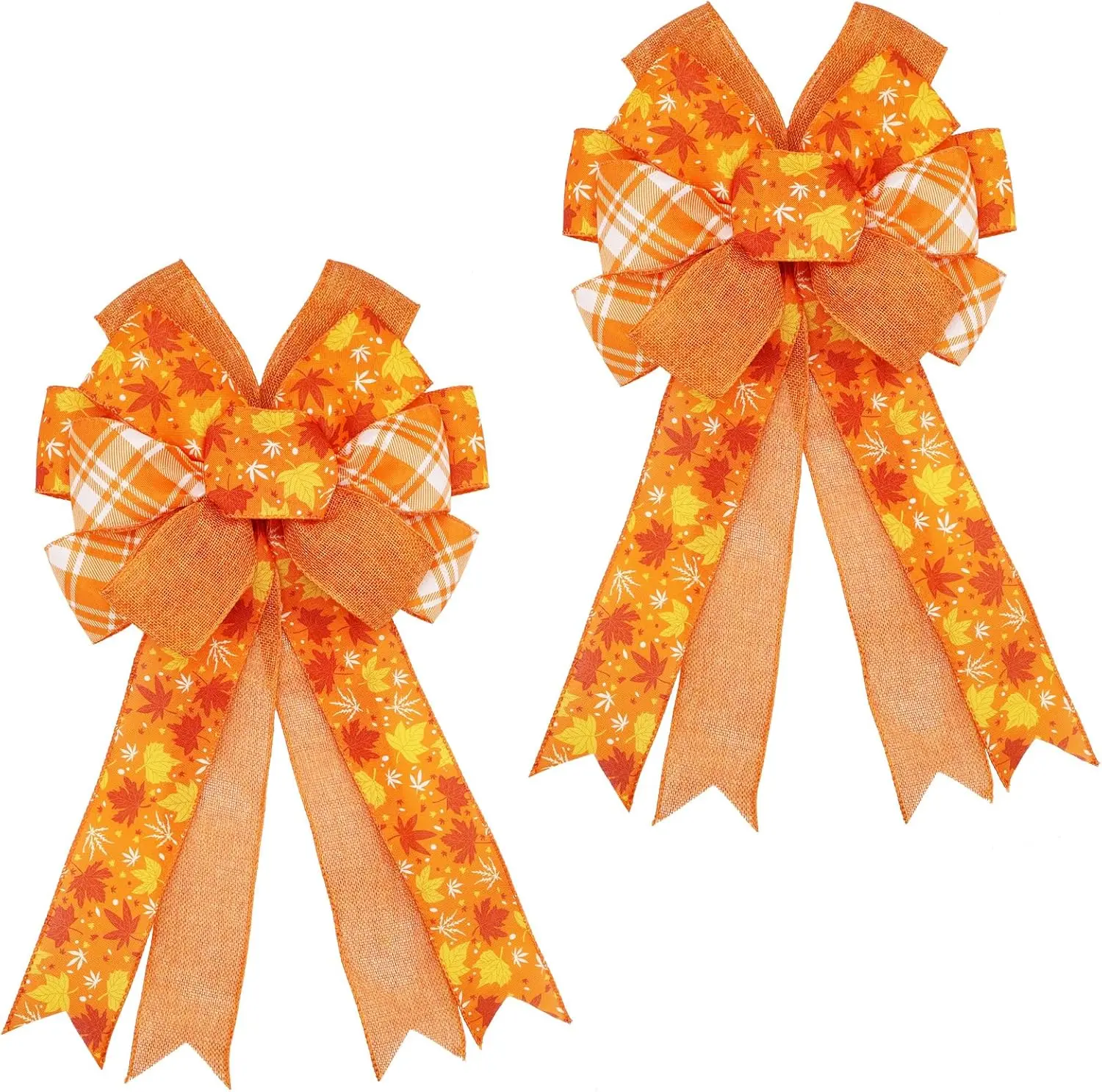 2-Pack Hangable Pre-Tied Wired Edges Burlaps Bows with Patterned Orange Maple Ribbon (20x11 in) - Fall Decor for Wreath, Front Door, Holiday Home Decorations