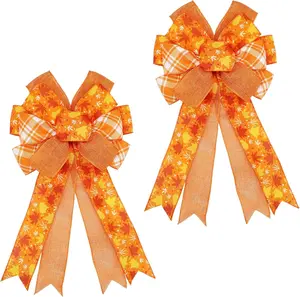 2-Pack Pre-Tied Wired Autumn Bows, 20x11 in Orange Maple Ribbon Bows for Wreath Tree Topper, Front Door Indoor Outdoor Harvest Decorations