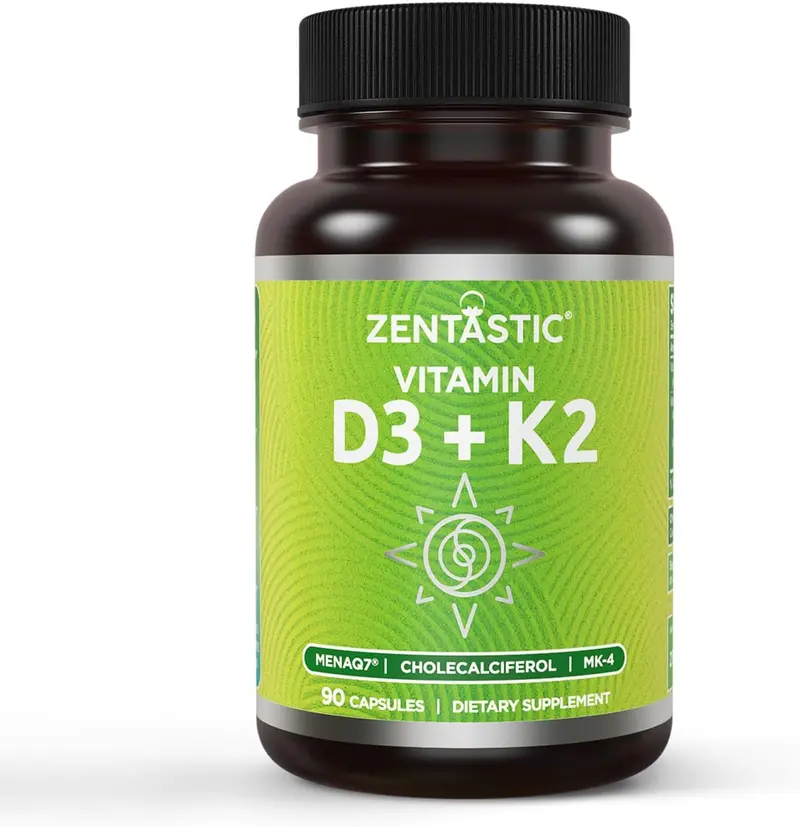 【ZENTASTIC】Vitamin D3 K2, 5000IU & 200mcg, Vitamin D & Patented MK7 & MK4 for 3-in-1 Complex Support - Vegetarian, Non-GMO, 90 Caps Healthcare Edible