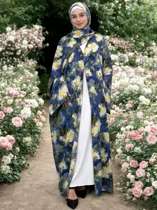 [Includes Hijab Gift] Women's Art Print Batwing Sleeve Long Robe Cardigan Open Front Abaya Hijab Set, Loose-Fitting Vacation Style with Pockets