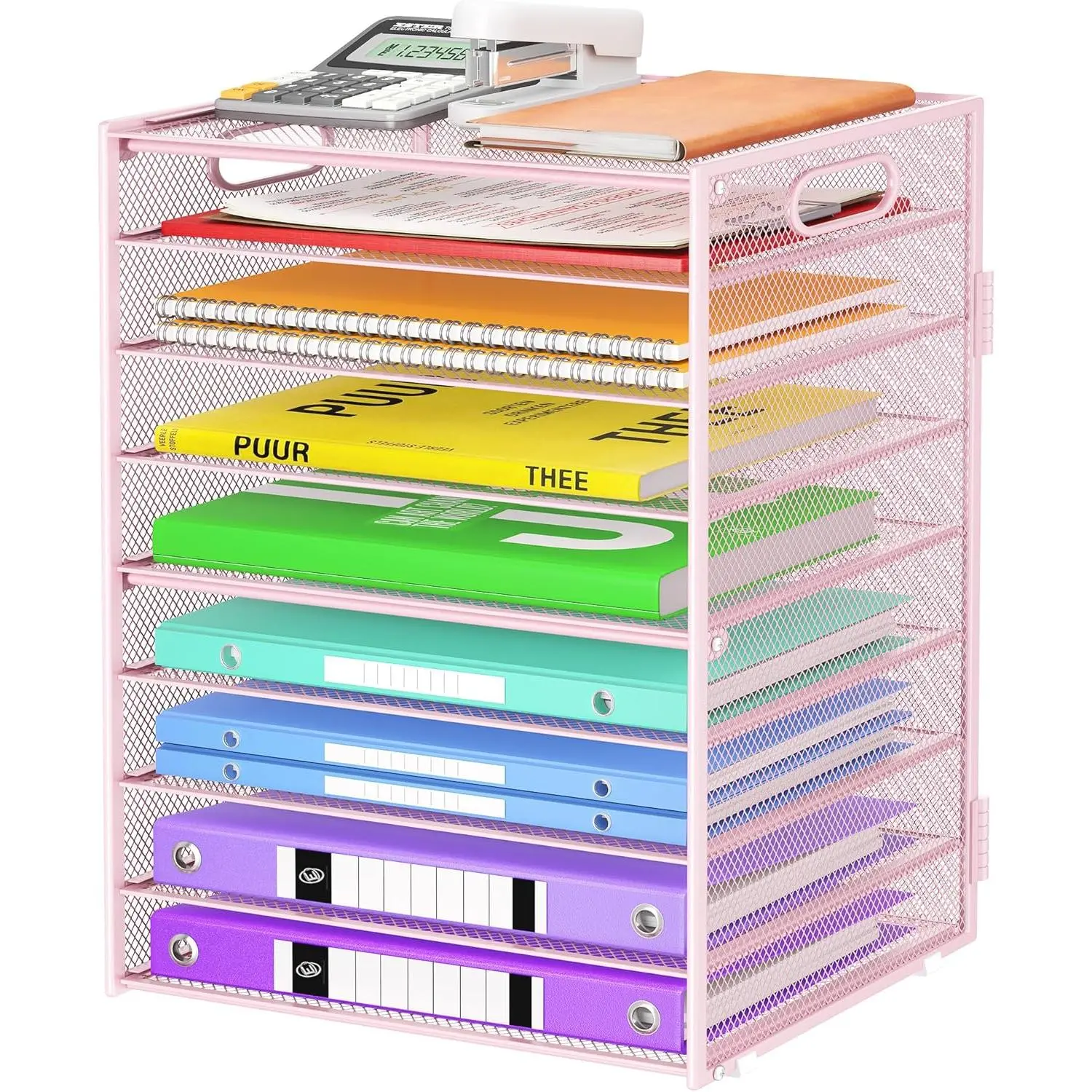 9 Tier Paper Organizer with Handle, Large Capacity Desk Organizer Mesh File Folder Letter Paper Tray Desktop Document Sorter for Classroom, School, and Office Accessories Organization-