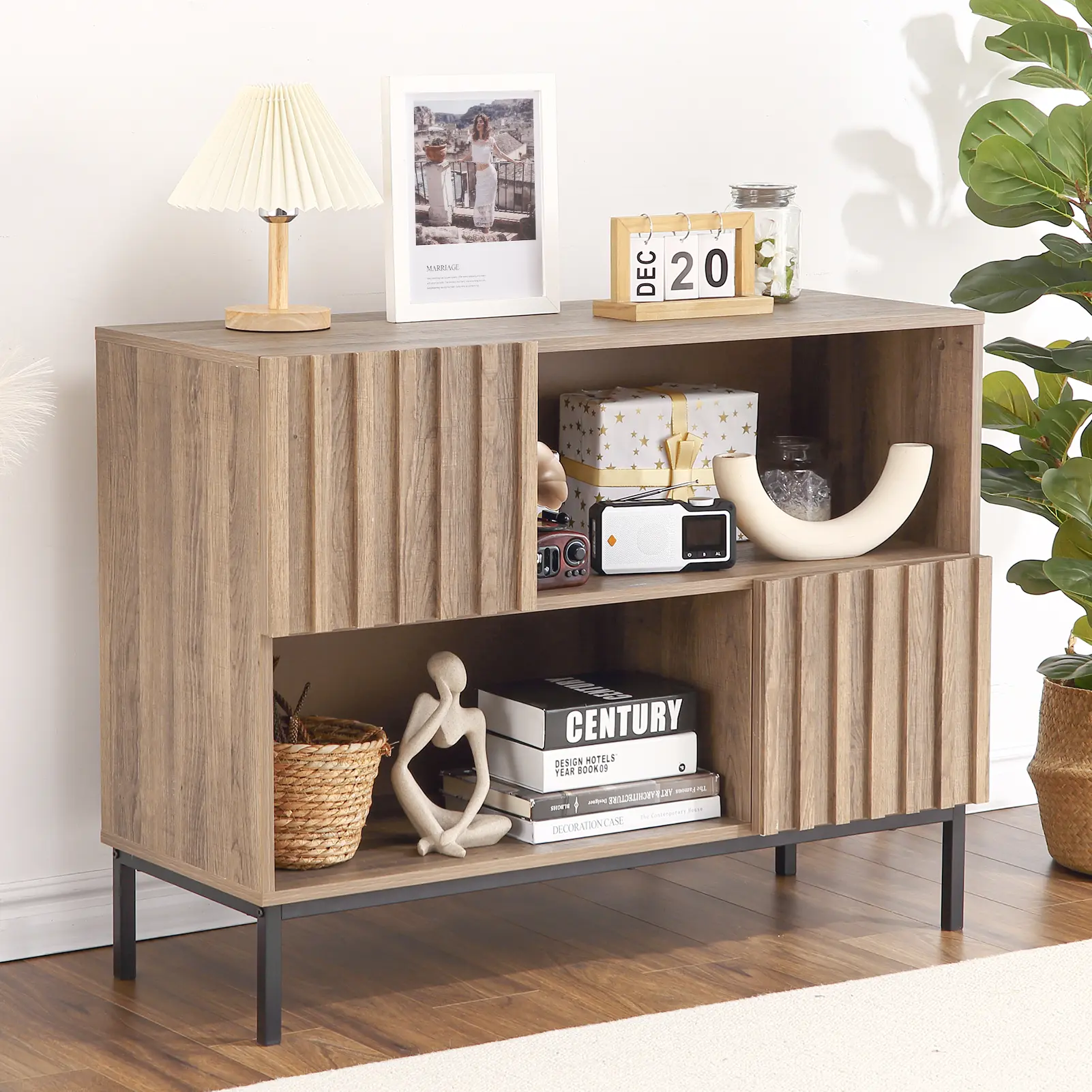 Modern Farmhouse Entryway Table with Buffet Storage and Display Shelf – Console Table with Metal Legs for Living Room and Hallway Accent Cabinet