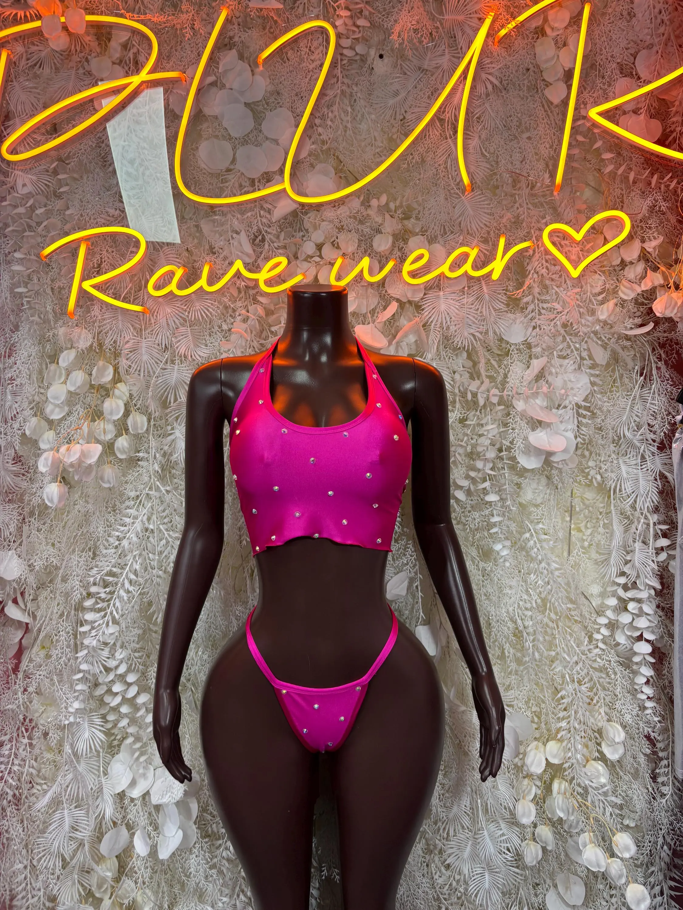 Pink Two Piece Rhinestone Crop Top Bikini Dancewear  Rave Festival Clothing - Exotic  Clubwear Bartender Outfit