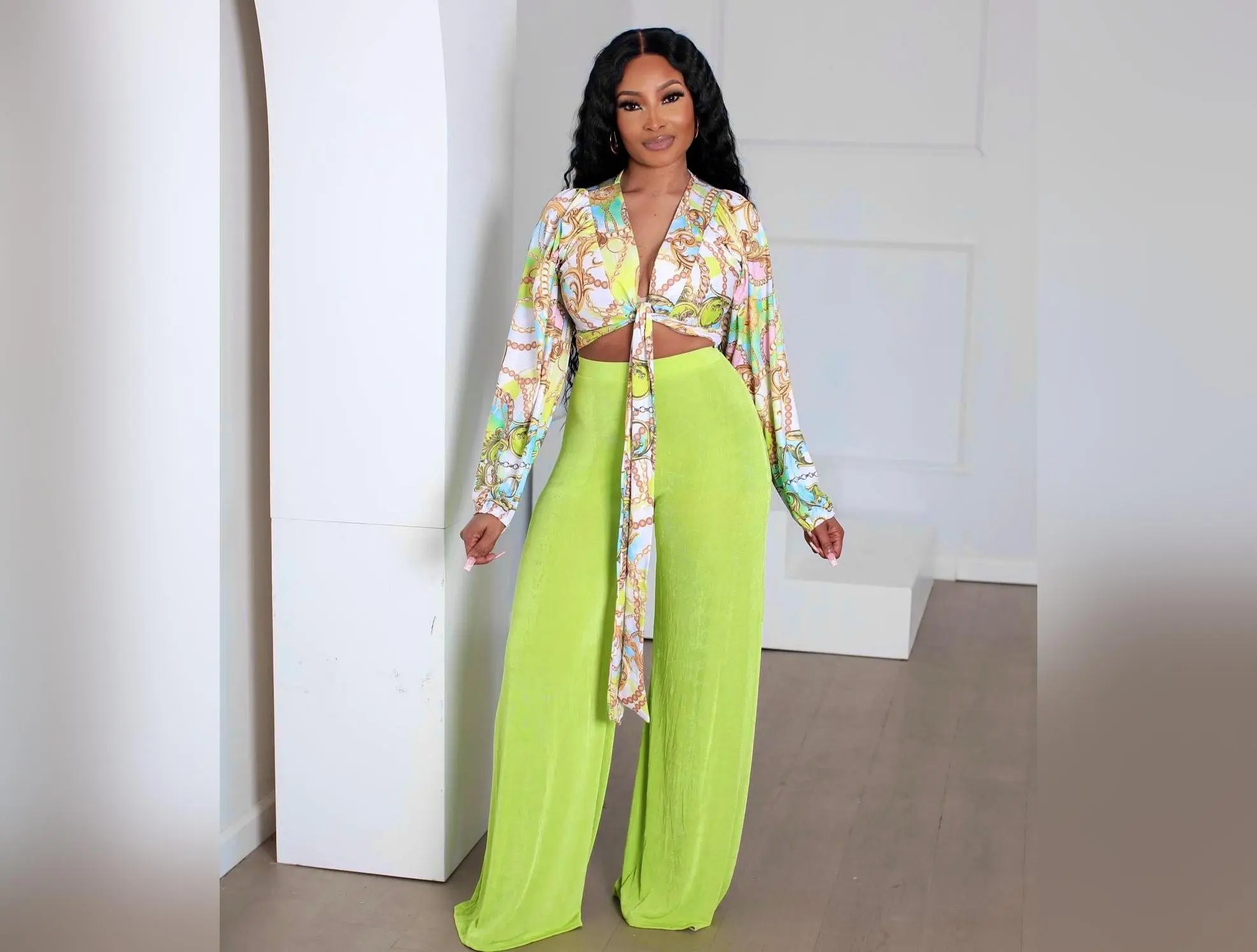 SLINKY GREEN WIDE LEG FLARE PANTS