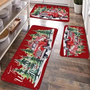 2/3pcs Christmas Kitchen Carpet Floor Mat, Retro Truck Gift Box Christmas Tree Snow Scene Pattern Non slip Floor Mat, Suitable for Christmas Kitchen, Entrance Door, Laundry Room, Bathroom, Living Room, Room Decoration Floor Mat Vintage Runner Rug