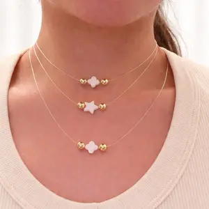 Minimal Gold Plated Necklace with Natural Mother of Pearl Beads (Star or Flower) | Adjustable 16” & 18”