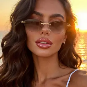 Women's Vintage Rimless Cat-Eye Sunglasses with PC UV400 UV-Protection Lenses, Anti-Glare Unisex Full Rim Aviator-Inspired Design, Lightweight Non-Slip Fit, Trendy Face-Slimming Geometric Frames for Driving & Outdoor Activities
