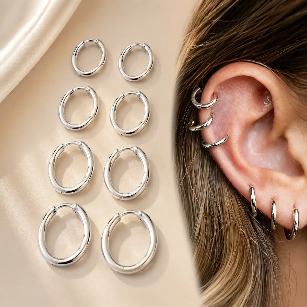 CZ Surgical Steel Huggie Hoop Earrings Jewelry, 8Pcs Small Earring Set Sleepers Earrings,Tiny Earring for Sensitive Ears Hypoallergenic Lightweight for Women Men Mother's Day Gift 8/10/12/14mm