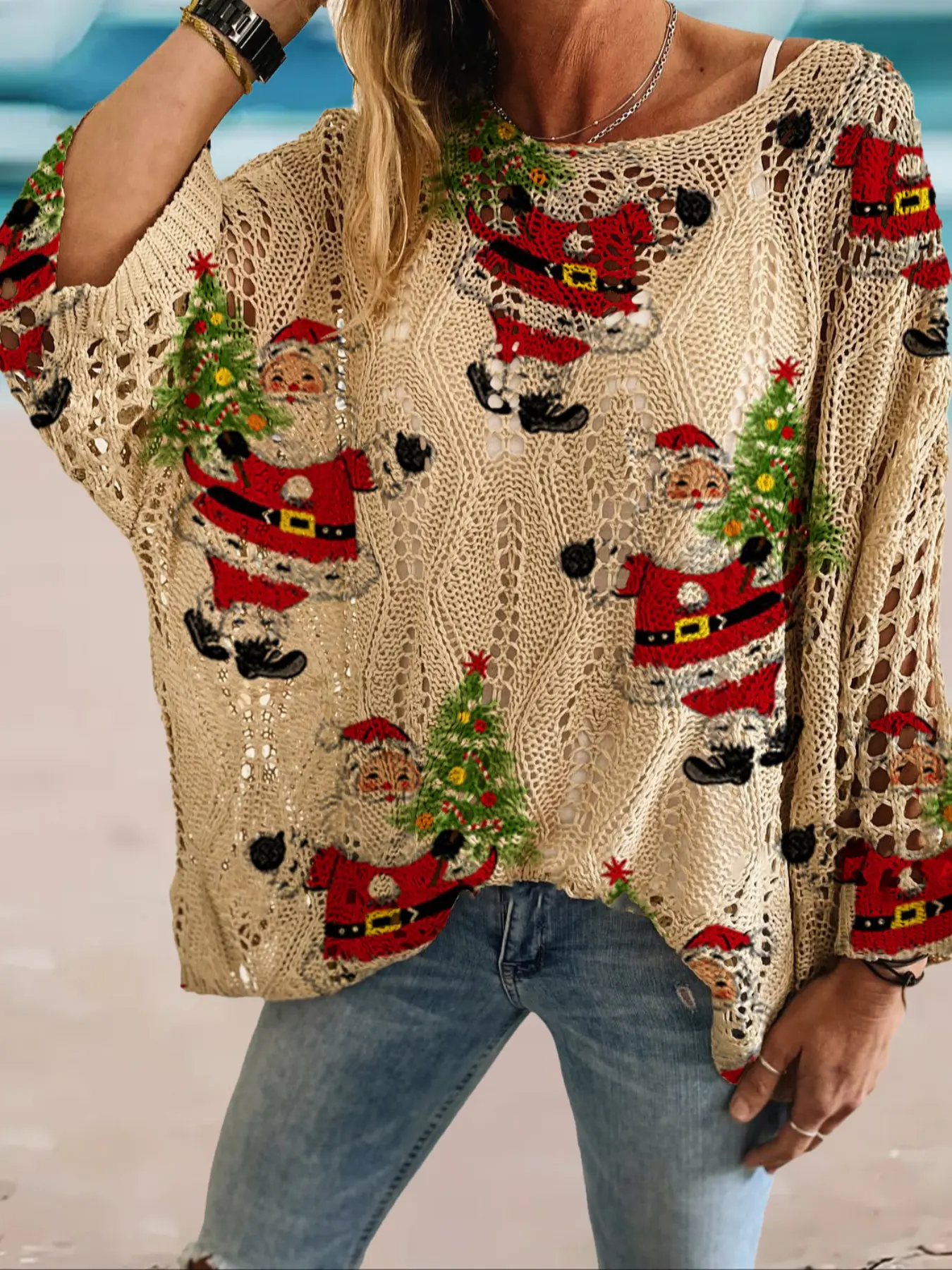 Women's Christmas Snowman Print Long Sleeve Knit Top, Casual Elegant Vacation Style Sweater, Loose Batwing Shoulders, Spring Summer Fall