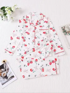 2 pieces of women's strawberry printed long sleeved pants sleepwear set with pockets suitable for all seasons, comfortable, trendy, energetic, elegant and casual home wear