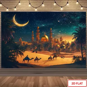 1pc Arabian Nights Backdrop Banner - Starry Sky & Crescent Moon Middle Eastern Desert Scene with Camels & Palm Trees, No Electricity Needed, Durable Polyester Fabric for Weddings, Parties, Theme