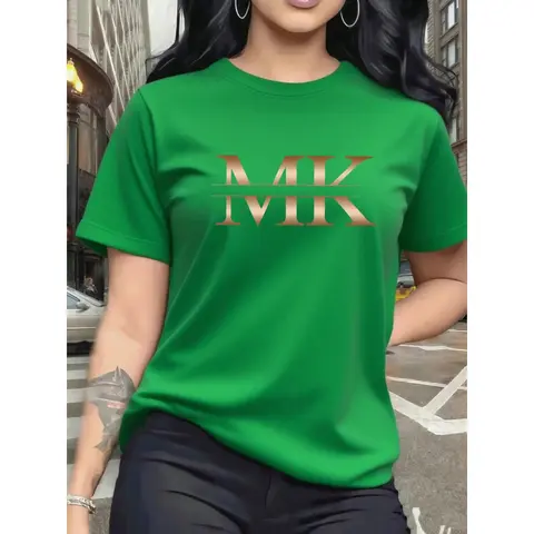 100% Cotton Women's Green Short Sleeve T-Shirt Chic Gold MK Graphic Tee Stylish And Elegant Top For Casual Daily Wear Outings And Fashion - Forward Style Statements Fabric Womenswear Fit Streetwear Basic t shirts women t shirts for women