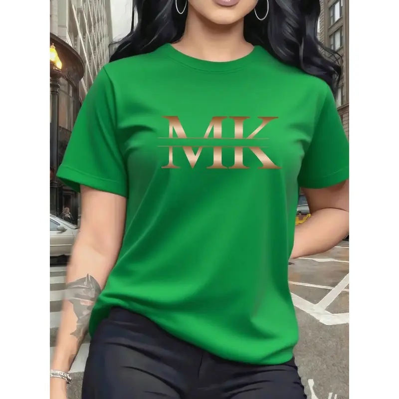 100% Cotton Women's Green Short Sleeve T-Shirt Chic Gold MK Graphic Tee Stylish And Elegant Top For Casual Daily Wear Outings And Fashion - Forward Style Statements Fabric Womenswear Fit Streetwear Basic t shirts women t shirts for women