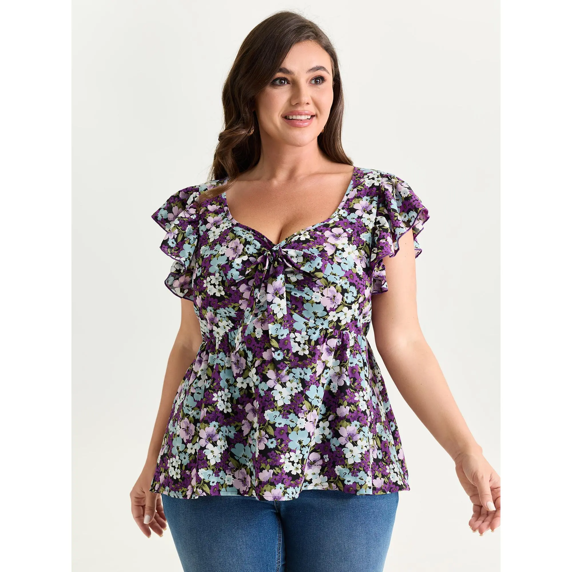 BLOOMCHIC Women's Plus Size Fitted Floral Print Polyester Fabric Lace Sleeve Blouse Shirt, M-6X, Drawstring V-Neck, Comfortable Summer Women's Top