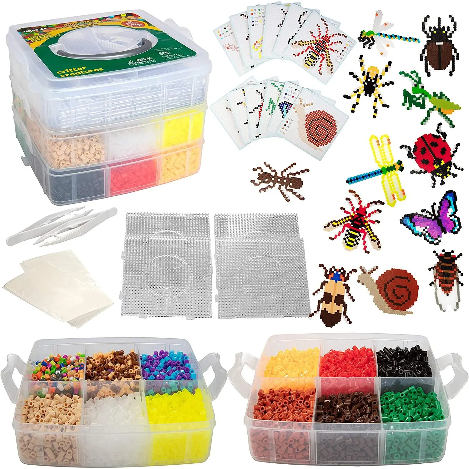 8,000pc DIY Fuse Bead Kit w Carrying Case - Bugs and Insects- 21 Different Colors, 12 Unique Templates, 4 Peg Boards, Tweezers, Ironing Paper