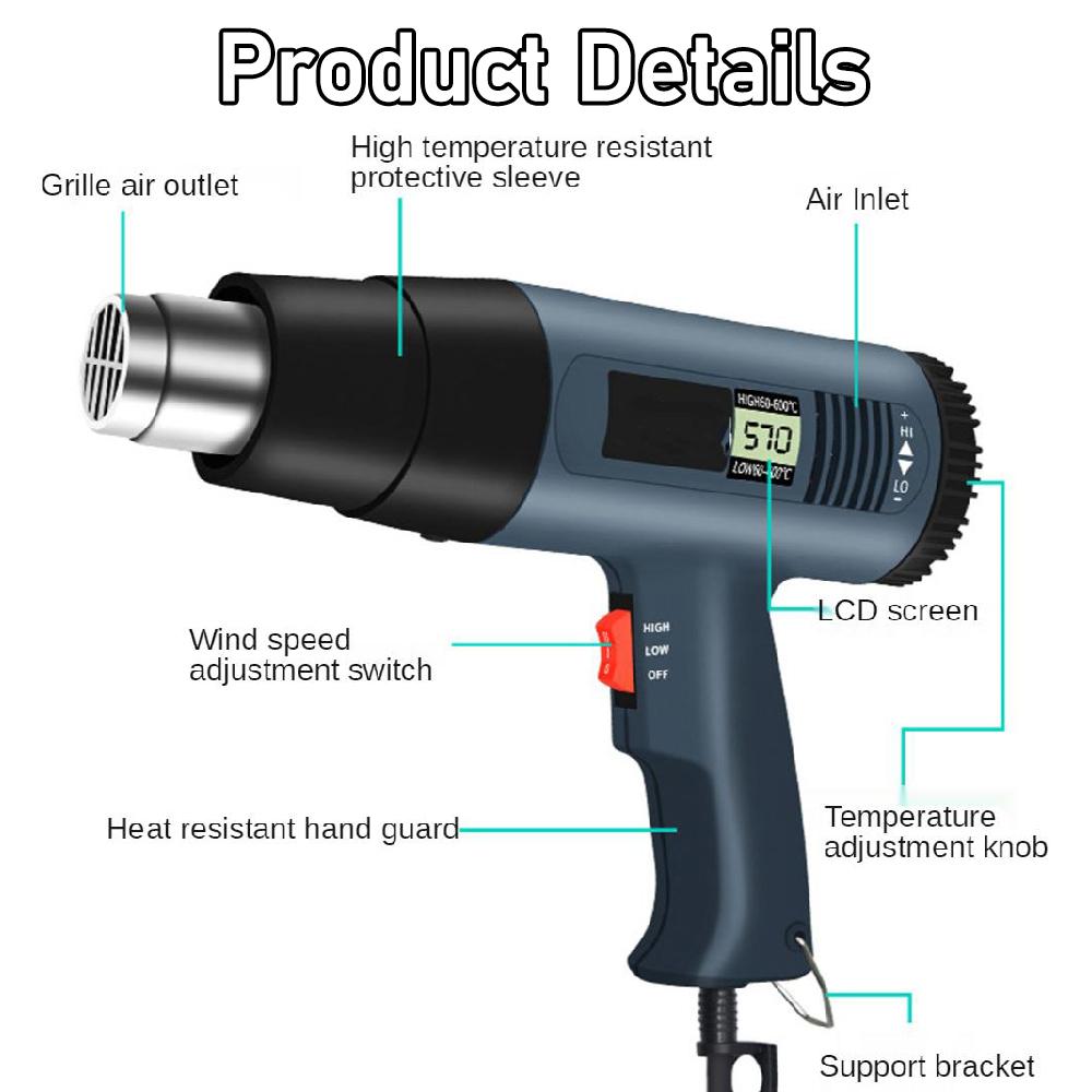 Hot Air Gun Kit, 2500W Heat Gun Electric Hot Air Gun ,140℉-1112℉（60℃- 600℃), Bubble Removing Tool For Car Wrap with 4 Nozzles, for Crafts, Shrink Wrapping/Tubing, Paint Removing, Epoxy Resin