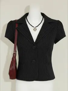 Striped Slim Fit Short Sleeve Shirt with Suit Collar, Summer Street Fashion Basic Button Down Top for Women, Stylish Casual Wear