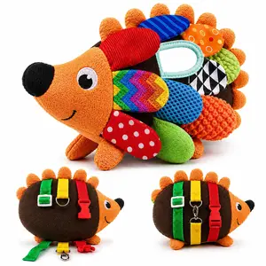 Autumn Bliss Co Sensory Hedgehog Buckle Toy for Toddlers 1-3 | Soft Plush Baby Buckle Toy with 8 Textures, Mirror, Crinkle & Sensory Activities | Montessori Toddler 2Buckle Toy for Fine Motor Skills