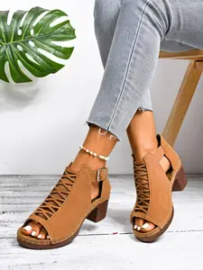 Summer New Cross Strap Chunky Heel Sandals, Fish Mouth Toe Exposure, Vintage Roman Classic Style High Top Women's Shoes, Casual Textile Rubber Sole