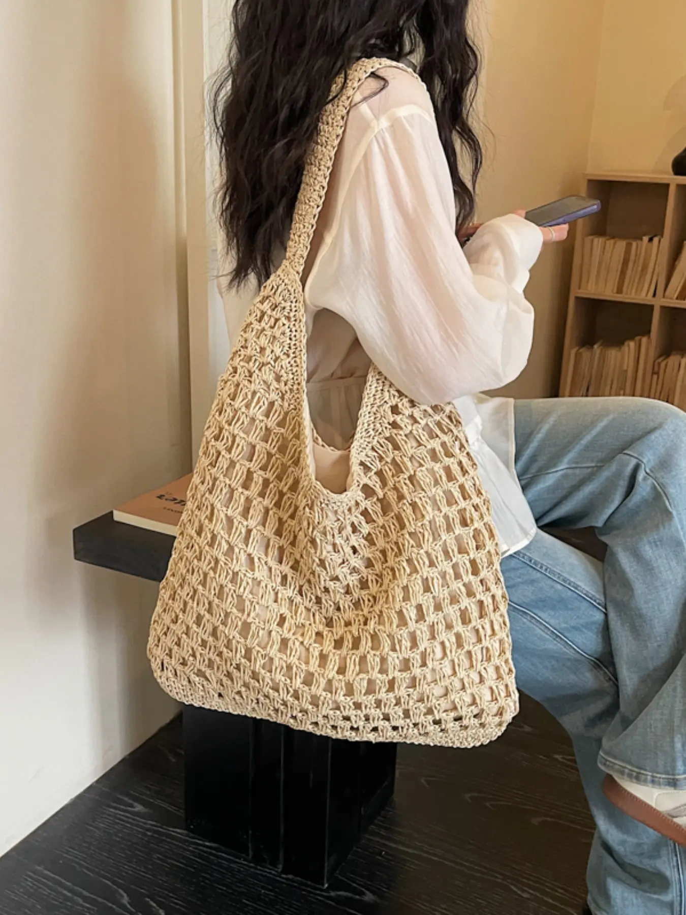2026 Hollow Out Straw Bag, Lightweight Beach Bag, Large Capacity Shoulder Bag, Casual Trendy Bag, Fashion Bags, Fashionable Tote Bag for Vacation Beach, Daily Commute Bag, Daily Commuting Bag