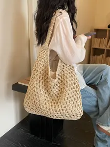 2026 Hollow Out Straw Bag, Large Capacity Shoulder Bag, Fashionable Tote Bag for Vacation Beach, Daily Commute Bag