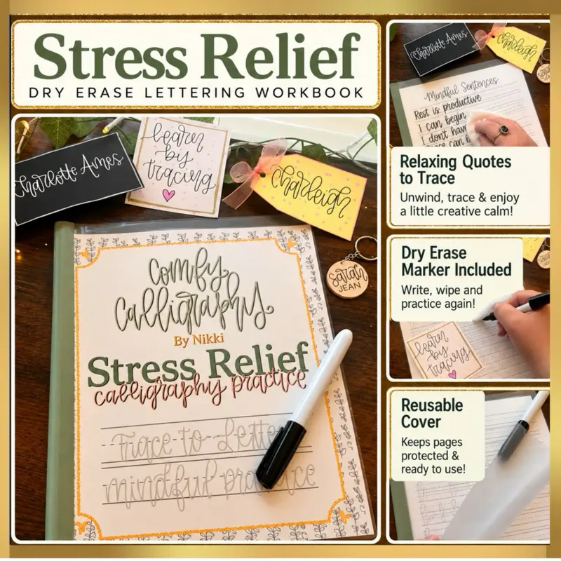 Stress Relief Lettering Dry-Erase Workbook | calligraphy tracing for beginners | lettering for beginners | Reusable workbook