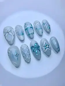 10pcs Short Almond Handmade Press-On Nails, Balletcore Style with Rhinestones, Bows, and Stars, Reusable, Daily Wear
