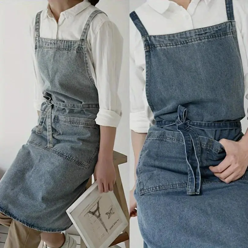 1pc Premium Denim Cotton Canvas Waist-Worn Pocket Apron - Heavy-Duty, Stain-Resistant, Adjustable Bib Waist - Ideal for Kitchen Cooking, Baking, Denim Apron, Pocket Aprons