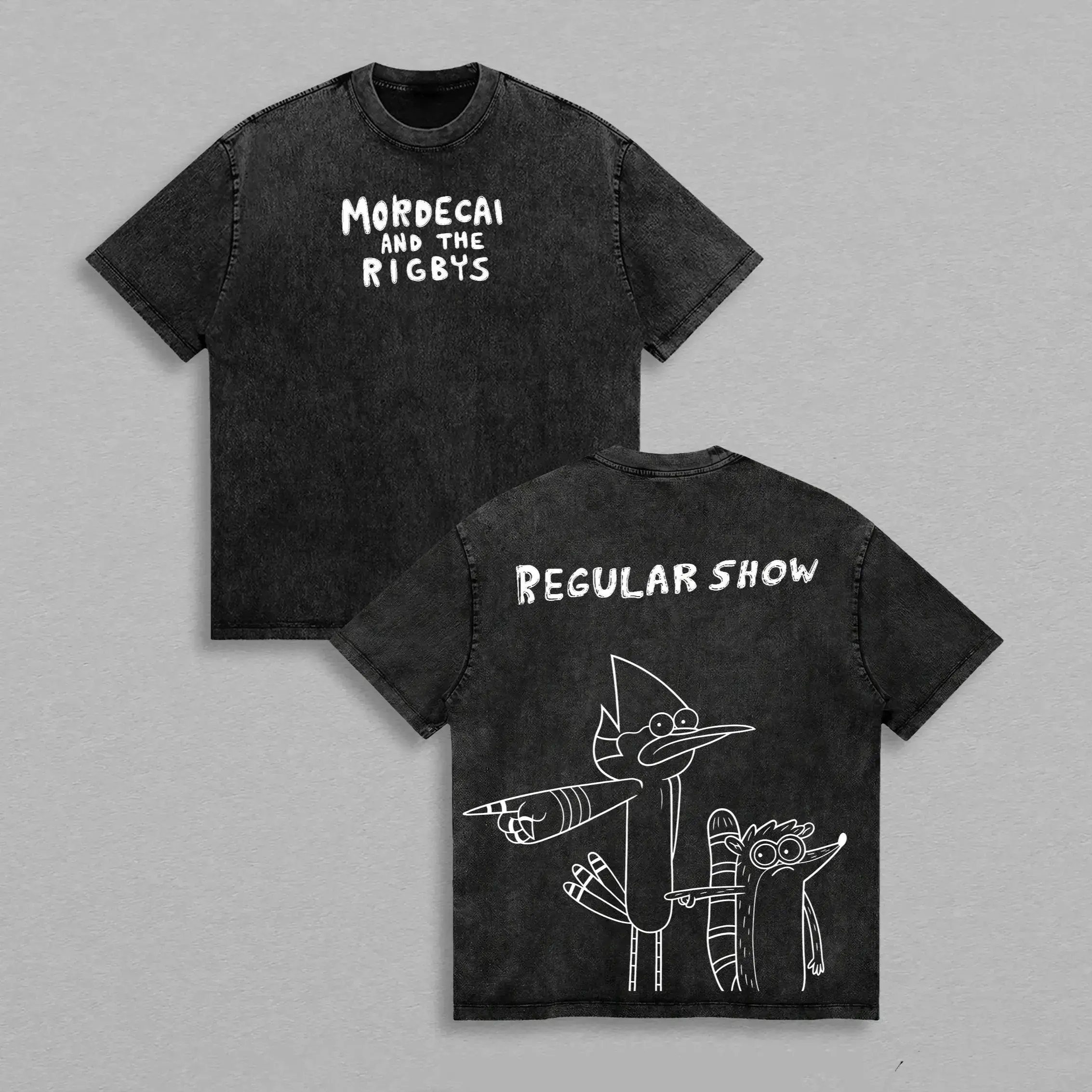 Regular Show Mordecai & Rigby Vintage Washed Shirt | Retro Cartoon Duo Graphic Tee | Oversized Acid Wash Unisex Streetwear | Y2K Heavy Cotton T-Shirt Fan Gift