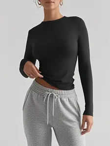 Women's Solid Color Basic Crew Neck Long Sleeve Comfortable Soft Knit Fabric, Stretchy, Fitted and Simple Design, Perfect for Daily Wear