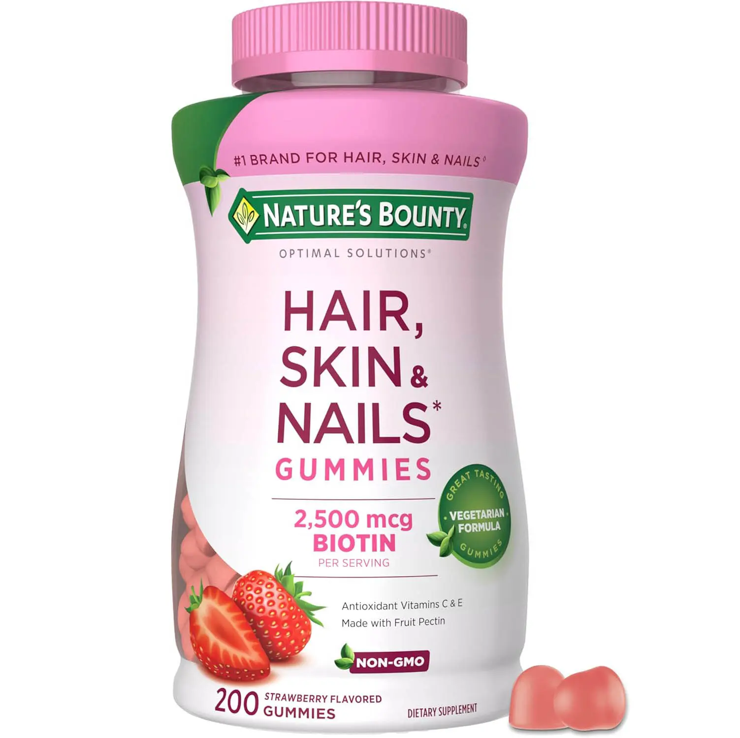 Nature's Bounty Optimal Solutions Hair, Skin and Nails Pectin Gummies, 2500 mcg Biotin Per Serving, No Stick Gummy, Vegetarian Formula, Strawberry Flavor, 200 count, 100 Total Servings