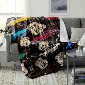 Soft Funny Throw Blanket Vintage Route 66 Classic Car Printed Flannel Blanket All-Purpose Blanket For All Seasons.Polaris Blanket