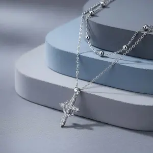 Zircon Double Layer Crown Cross Necklace Everyday Faith Jewelry