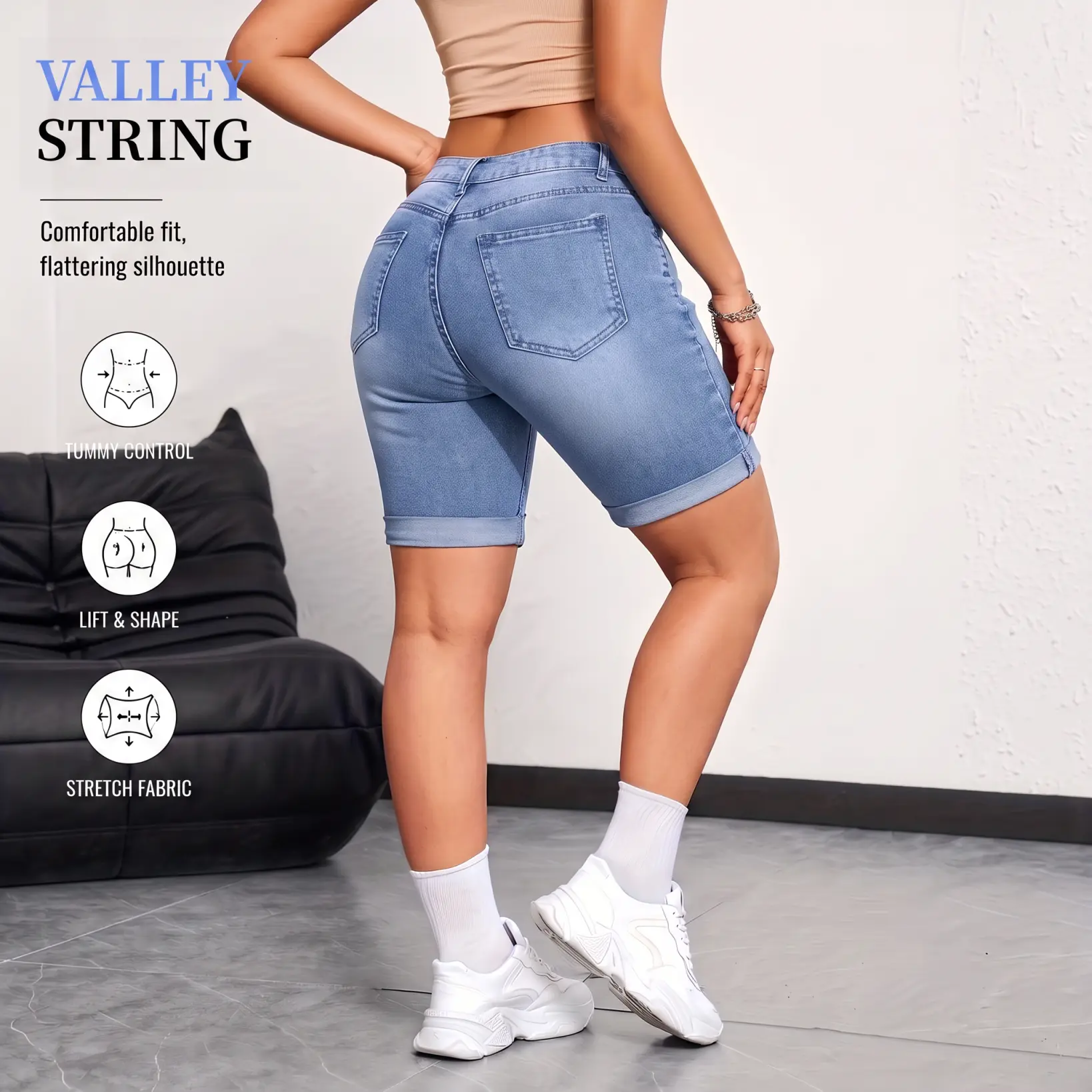Women’s rolled-hem denim Bermuda shorts, women’s jeans, women’s summer shorts, classic multi-pocket design, butt-lifting shaping, washed light blue, slim fit, American hot-girl summer style.