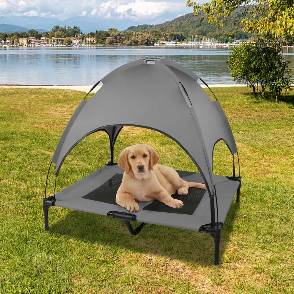 HIDOG Elevated Dog Bed with Canopy - Portable Raised Dog Bed Cooling Dog Place Board Mesh Pet Cot for Large Dogs Oxford Fabric Removable Canopy Shade for Camping Beach Indoor Outdoor