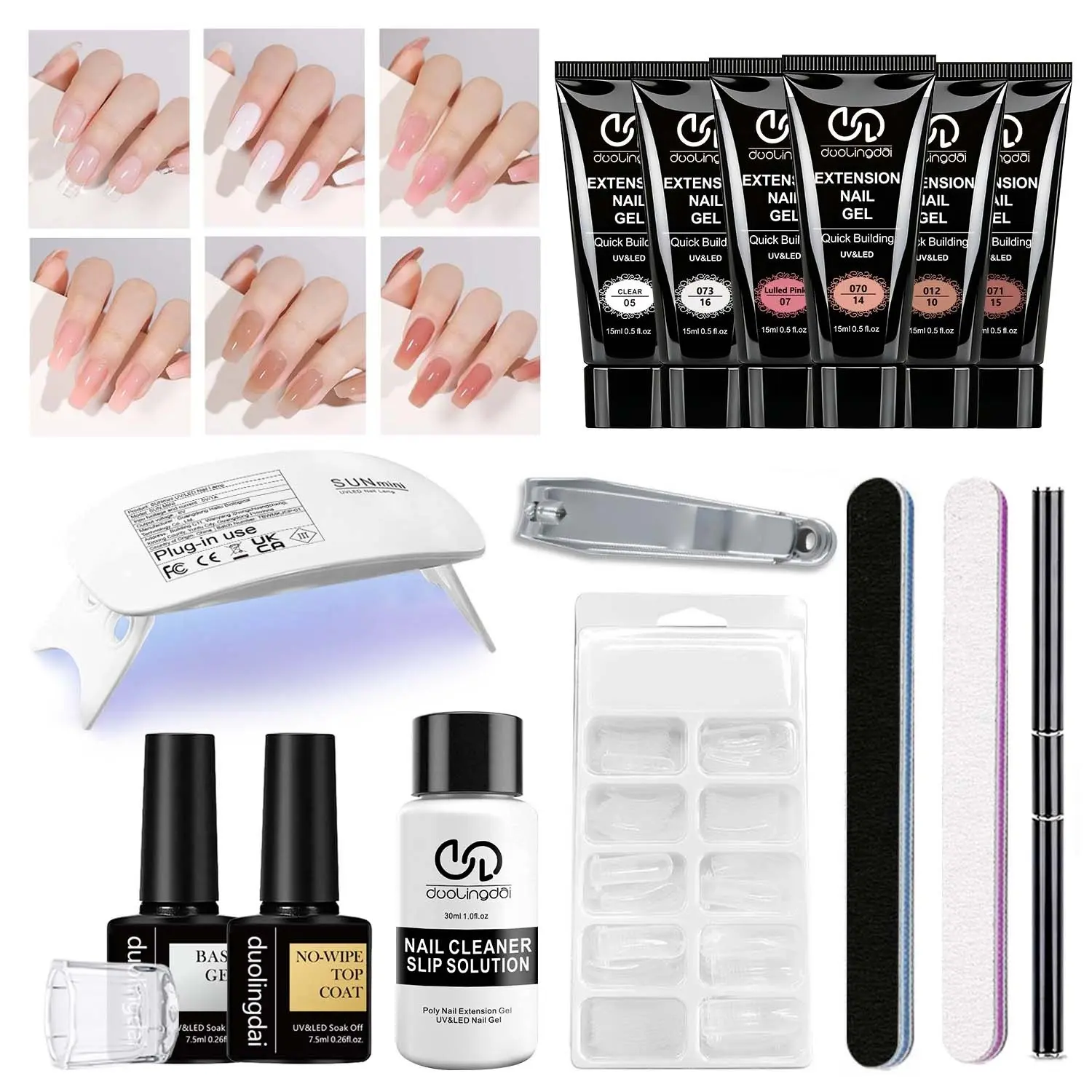 Professional Polygel Nail Kit with Mini Lamp, Sealing Base Coat & Complete Easy-to-Use Tools | 6 Shades (Nude Pink & Black) | Gel Nail Extender for Beginners | Ideal 2025 Gift for Girls to DIY Manicure Art at Home Gel Nail Set, Nail Extension Kit