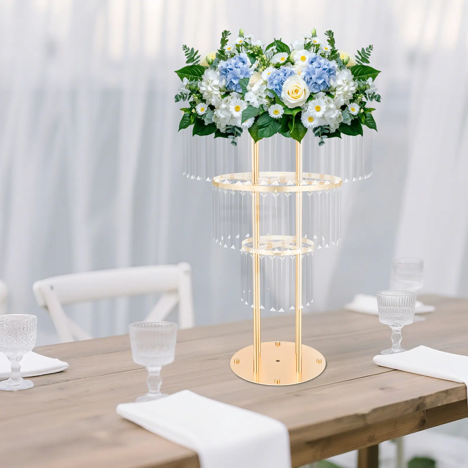 3 Tier Crystal Flower Stand 72cm Tall, Gold Acrylic Iron Display Rack for Wedding Party Dessert Buffet, Round Base