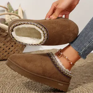 Thick Sole Anti - Slip Warm Winter Women’s Slippers Fuzzy Fleece Lining Mini Snow Boots Embroidered Trim Cozy Indoor Outdoor Shoes