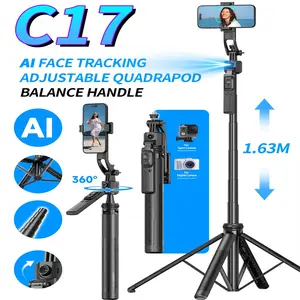 C17 Selfie Tripod for Cell Phone 360°Auto-Rotation AI Tracking Shooting Quadrapod with Remote Control, Optional Fill Light Camera Digital Adjustable Smartphone Black Cellphone Detachable Stick Android Gimbal