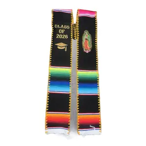 Class of 2026 Graduation Stole with Virgin of Guadalupe Design Multicolor Stripes and Gold Accents