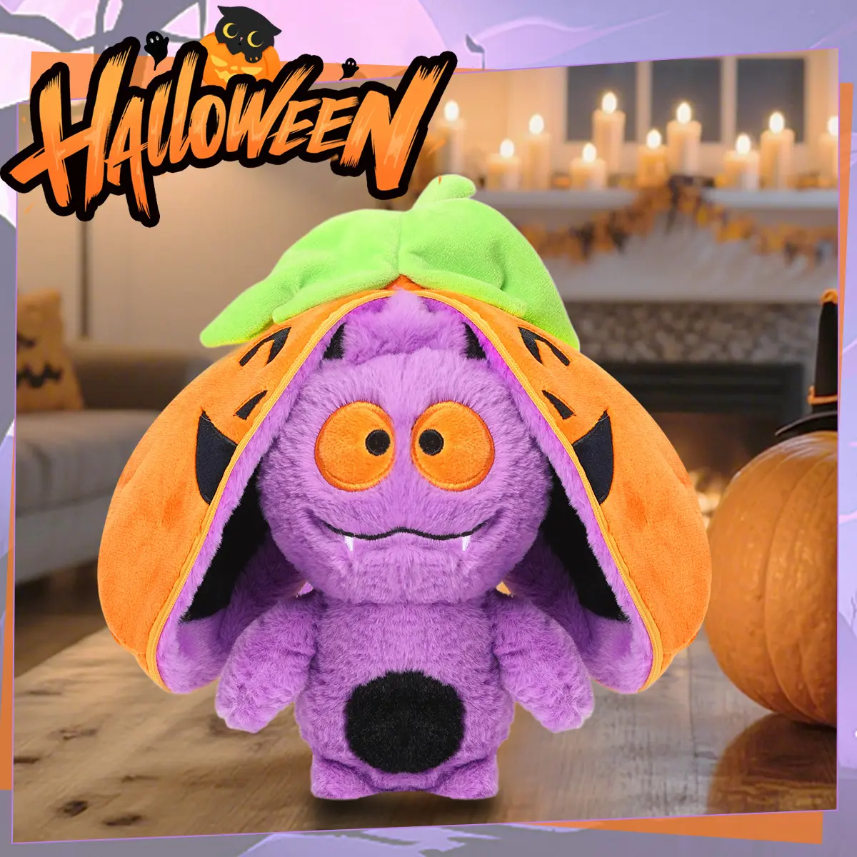 Emoin Halloween Pumpkin Flip Plush Toy Cute Pumpkin Stuffed Plush That Flips to Cat Soft Reversible Plush Doll Pumpkin Plush Halloween Gift