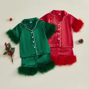 Toddler Baby Girl Boy Christmas Satin Silk Pajamas Feather Trim Button Down 2 Piece Pajama Set Little Kids Girls Pjs Nightgown Sleepwear