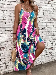 Plus Size Feather Print Cami Dress, Boho Fashion Dress, Boho Scoop Neck Spaghetti Strap A Line Dress for Beach Holiday Vacation, Women's Clothes for Summer