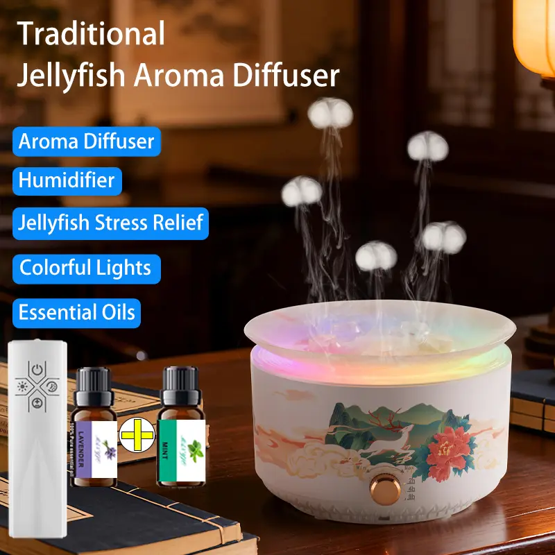 Coral Theme Ocean Jellyfish Aroma Diffuser & Humidifier - Portable, Color-Changing Ambient Lights, Stress Relief Mist, Free Essential Oils Included, Family Gift for Home Use