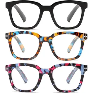 3 Pack Oprah Style Reading Glasses for Women Blue Light Blocking Square Readers, Anti Glare/ Spring Hinge