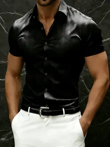 Men's Short Sleeve Collared Shirt Csc14, Classic Business Casual Wear, Office Party Top, Fitted Argyle Pattern