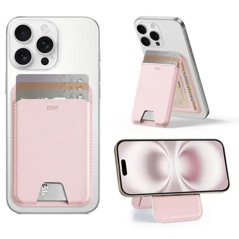 ESR Upgraded Aura MagSafe Wallet Phone Holder & Mount - Aura-Bubblegum Pink Vegan Leather, 5-Card Slots, Durable Adjustable Stand, RFID Block for iPhone 18/17/16/15/14/13/12 Series (Not for Mini)