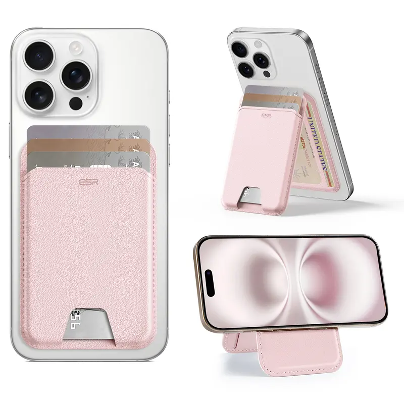 ESR Upgraded Aura MagSafe Wallet Phone Holder & Mount - Aura-Bubblegum Pink Vegan Leather, 5-Card Slots, Durable Adjustable Stand, RFID Block for iPhone 18/17/16/15/14/13/12 Series (Not for Mini)